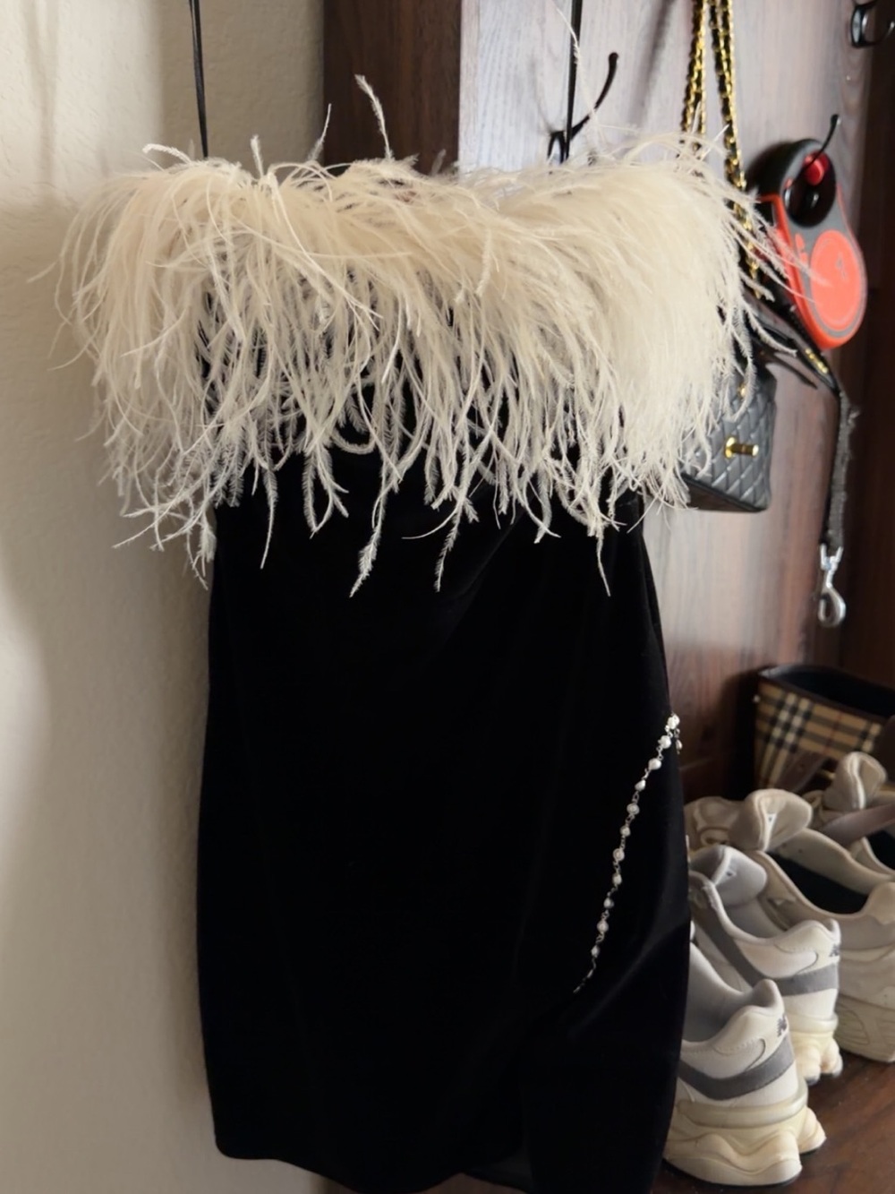 ellie wilde Black Velvet Strapless Dress with White Feather Trim